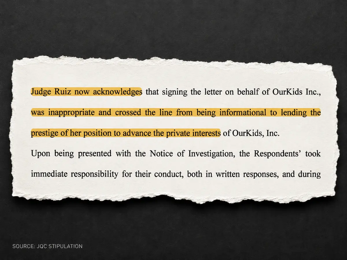 JQC Stipulation acknowledging Judge Mavel Ruiz lent the prestige of her position to advance private interests.