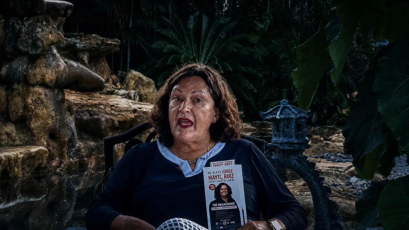 Judge Mavel Ruiz holding a campaign flyer in a garden.