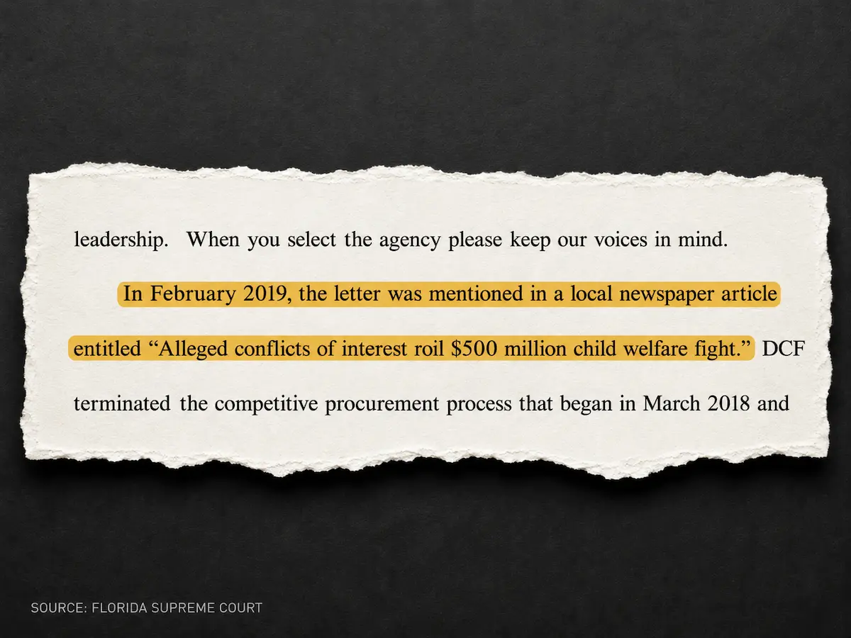 Florida Supreme Court reference to a newspaper article on alleged conflicts of interest in a $500 million child welfare fight.
